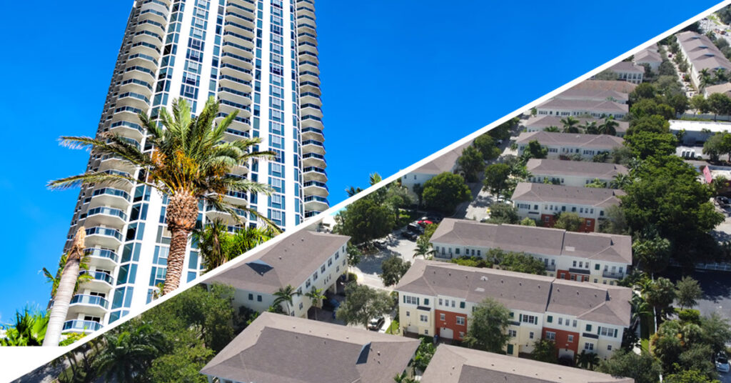 Condo vs HOA Florida side-by-side photo comparison showing a condo building and an HOA neighborhood